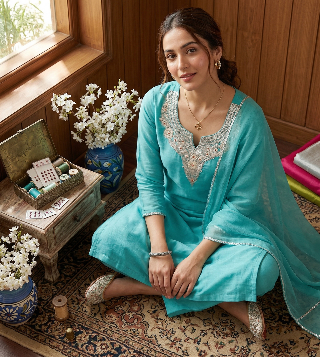 Royal Kashmiri Tilla Embroidered Roman Silk Suit