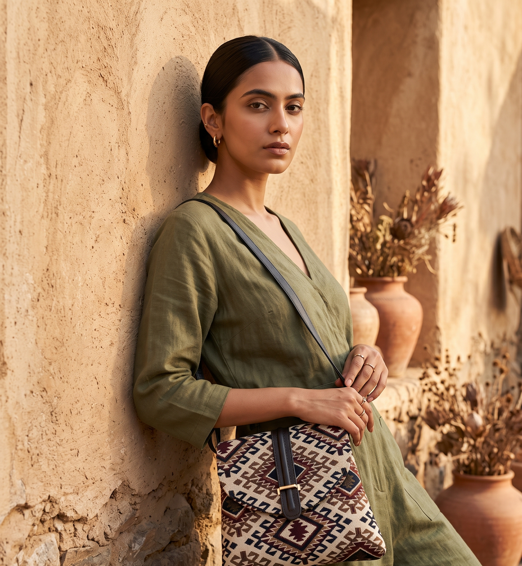 Tantira Geometric Jacquard Flap Sling Bag