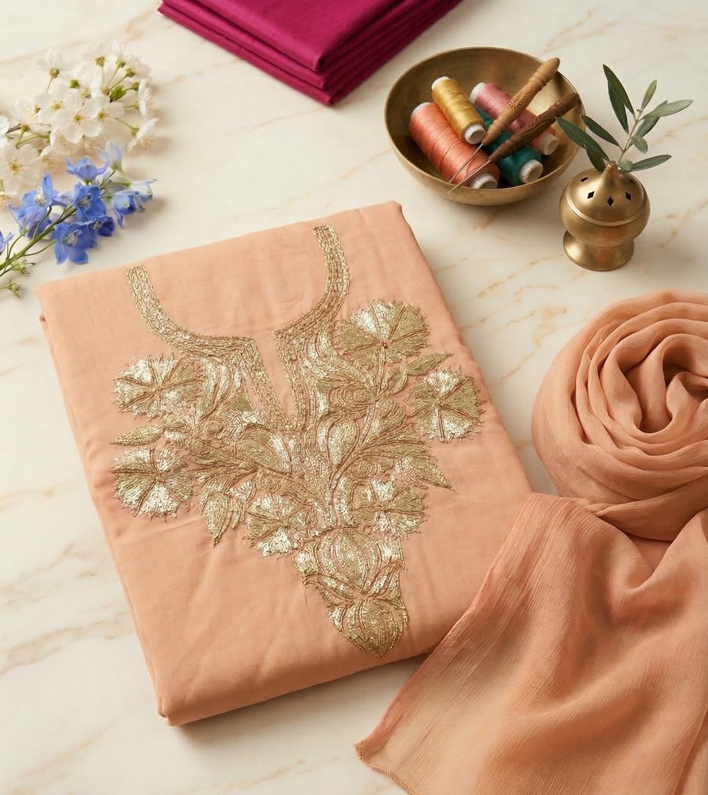 Royal Kashmiri Tilla Embroidered Roman Silk Suit