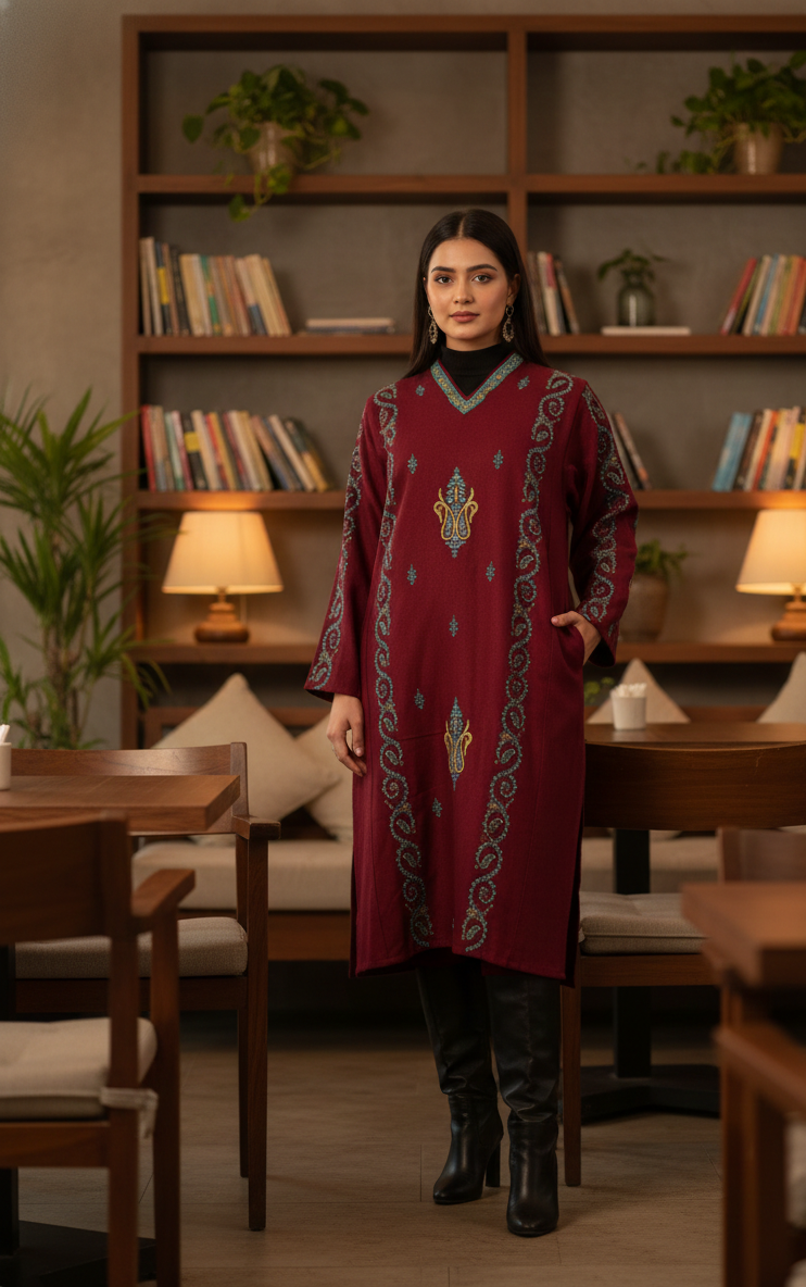 Sufiya Kashmiri Aari Embroidered Maroon Pheran