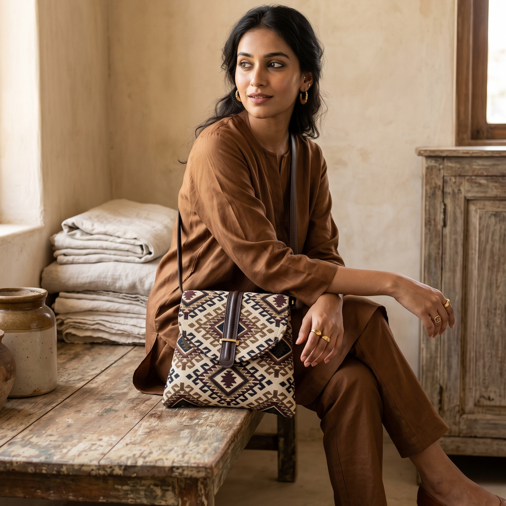 Tantira Geometric Jacquard Flap Sling Bag