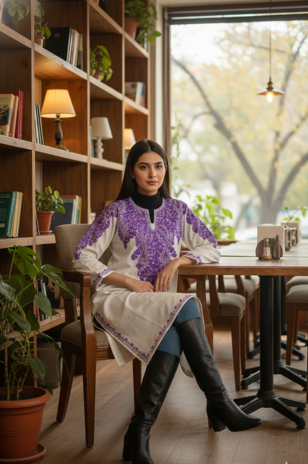 Safaid-e-Shehzaadi Kashmiri Aari Embroidered Woollen Pheran