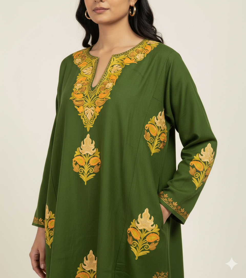Zaitoon Kashmiri Mustard Aari Embroidered Olive Pheran