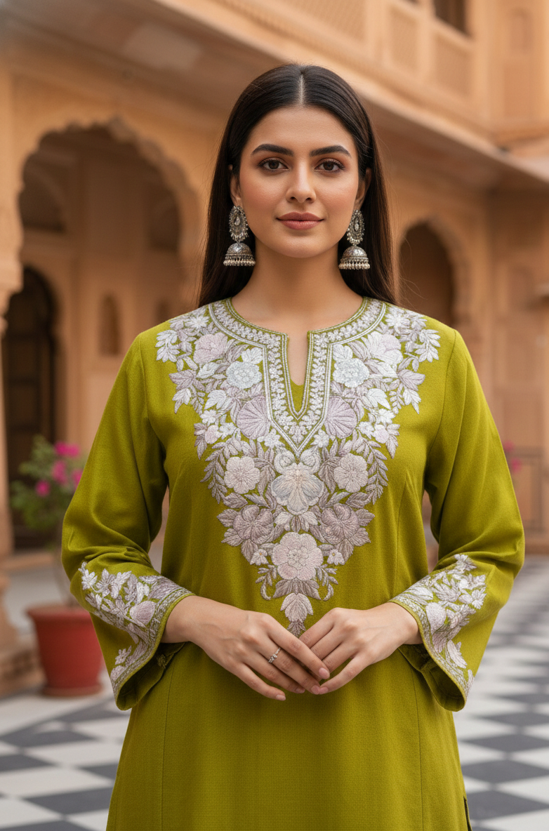 Zaitooné Aari – Woollen Pheran with Kashmiri Aari Embroidery