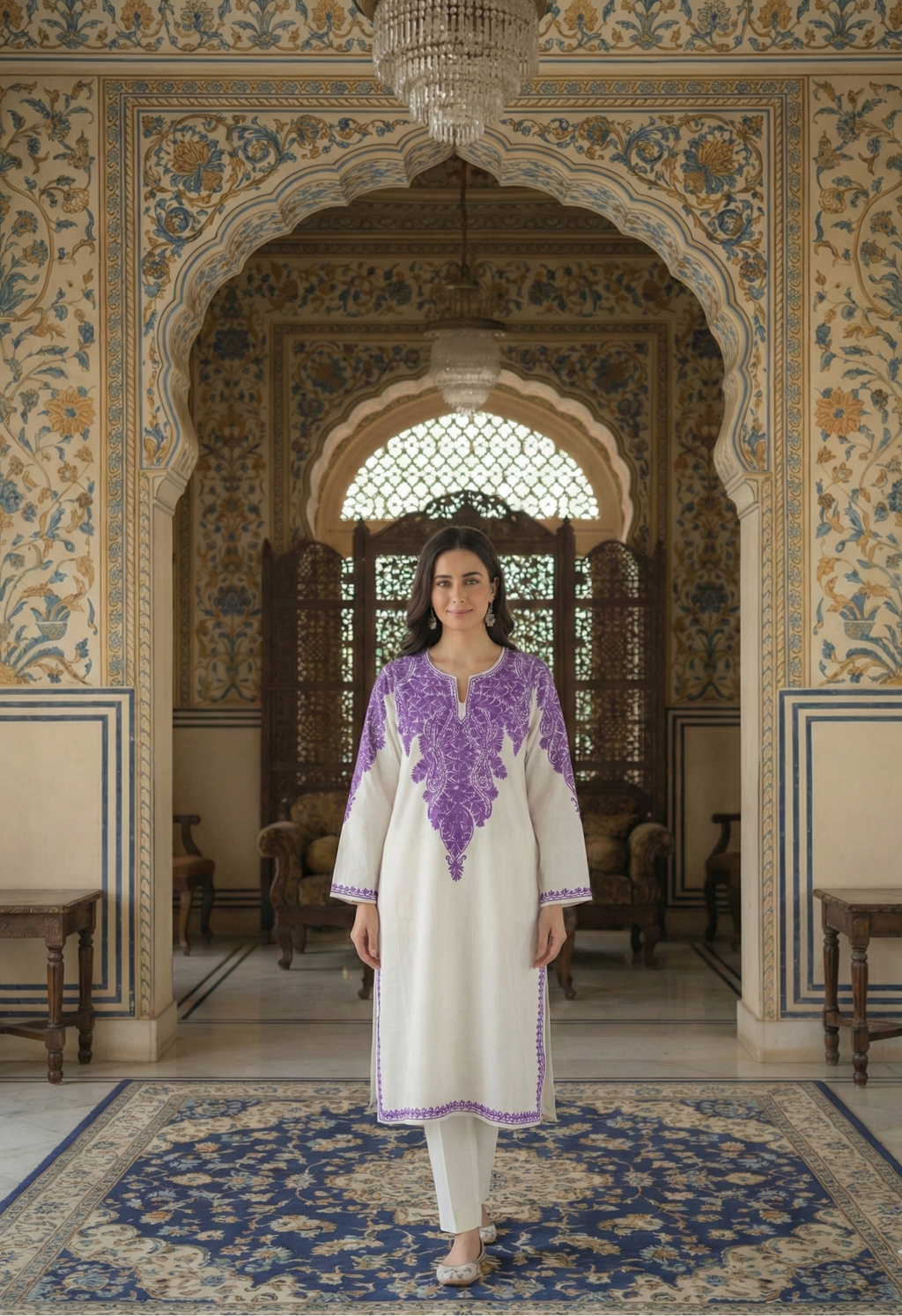 Safaid-e-Shehzaadi Kashmiri Aari Embroidered Woollen Pheran