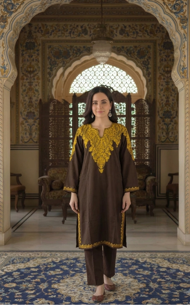 Zar-e-Zameen Kashmiri Aari Embroidered Woollen Pheran