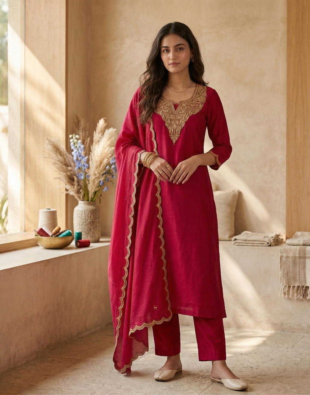 Royal Kashmiri Tilla Embroidered Roman Silk Suit