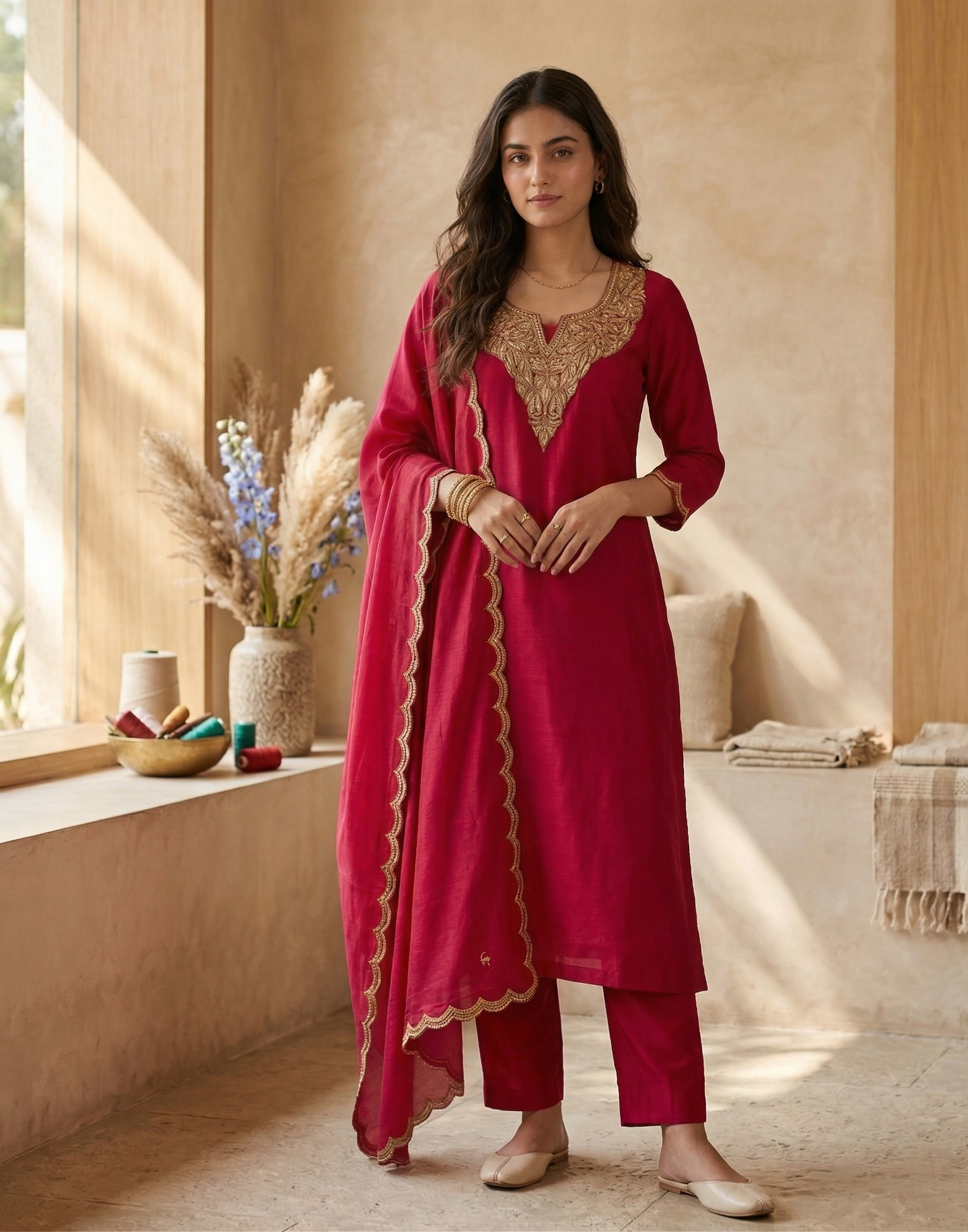Royal Kashmiri Tilla Embroidered Roman Silk Suit
