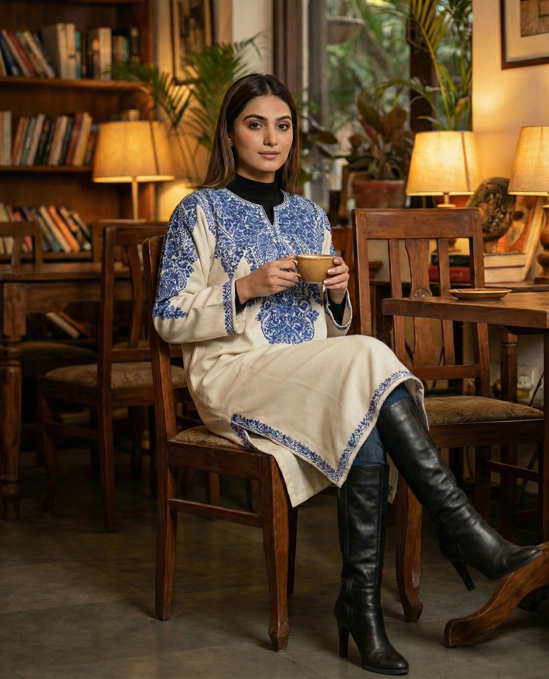 Neelbhram - The Kashmiri Aari Pheran in Ivory and Indigo