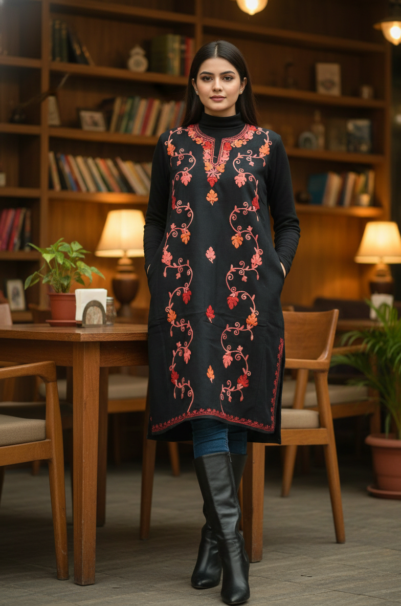 Lalkaar Kashmiri Red Aari Embroidered Black Pheran