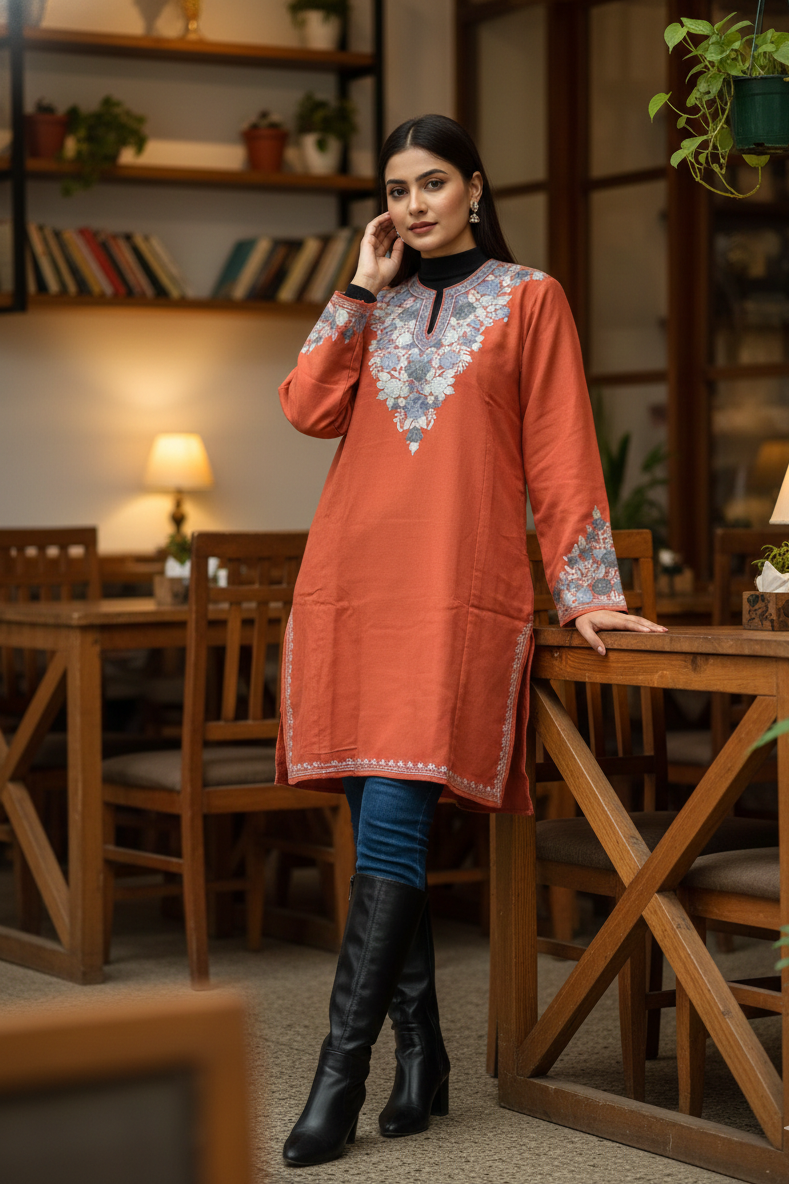Surmayé Aari – Woollen Pheran with Kashmiri Aari Embroidery