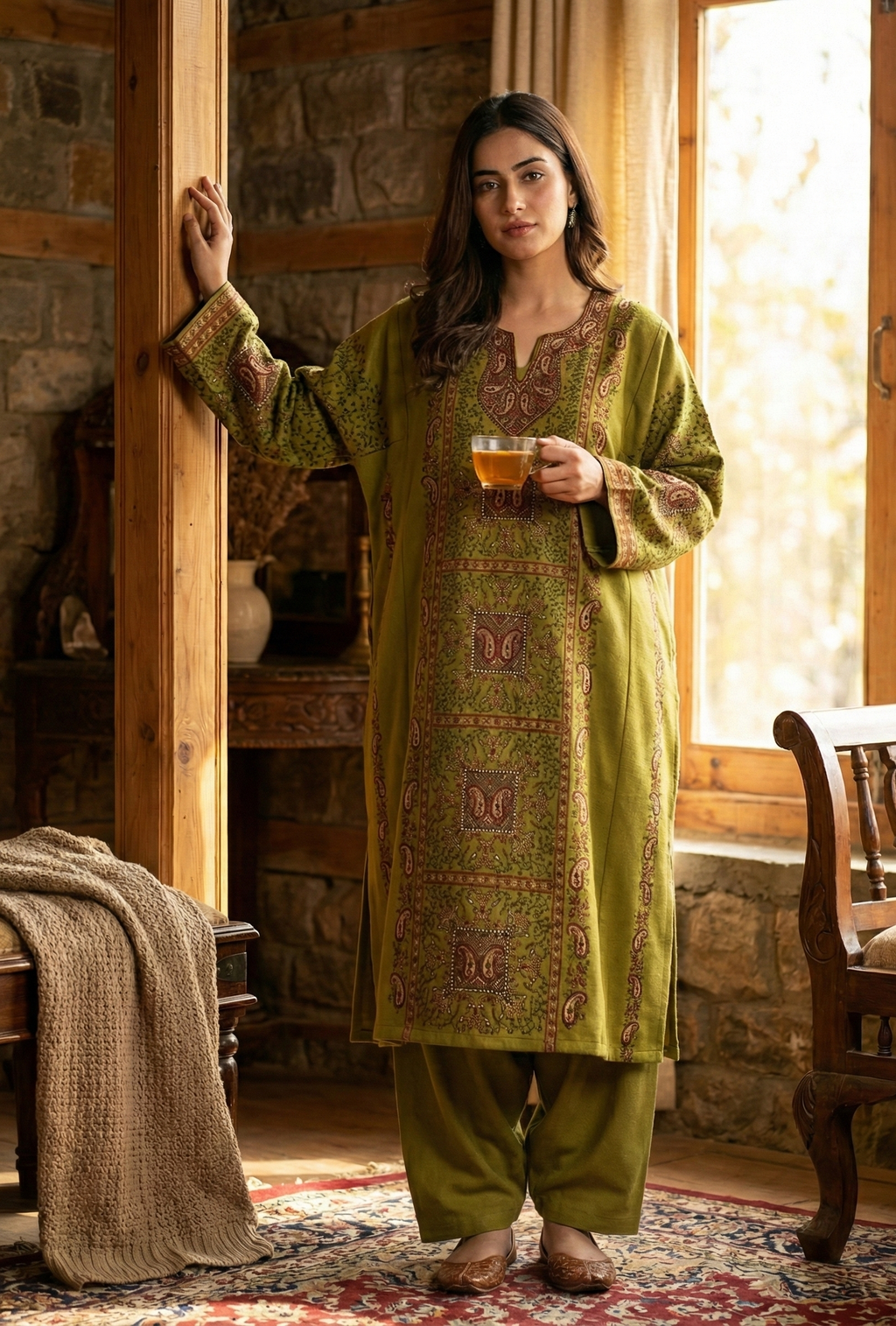 Shahi-Darbār-e-Zar Pure Raffal Heavy Sozni Embroidered Pheran