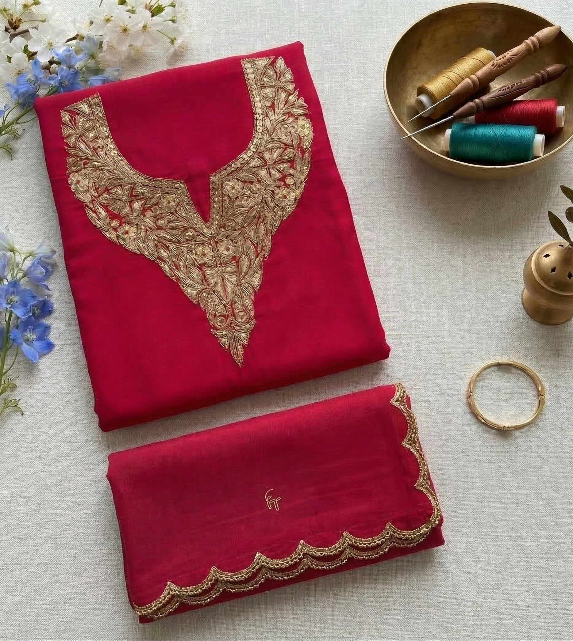 Royal Kashmiri Tilla Embroidered Roman Silk Suit