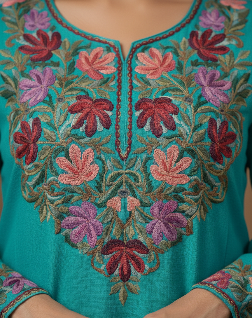 Turquaz Chinar-Kari – Woollen Pheran with Kashmiri Chinar Aari Embroidery