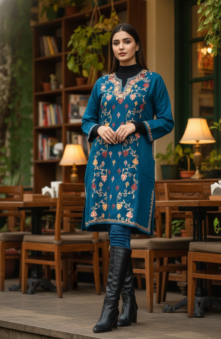 Zehra Kashmiri Aari Embroidered Teal Blue Pheran
