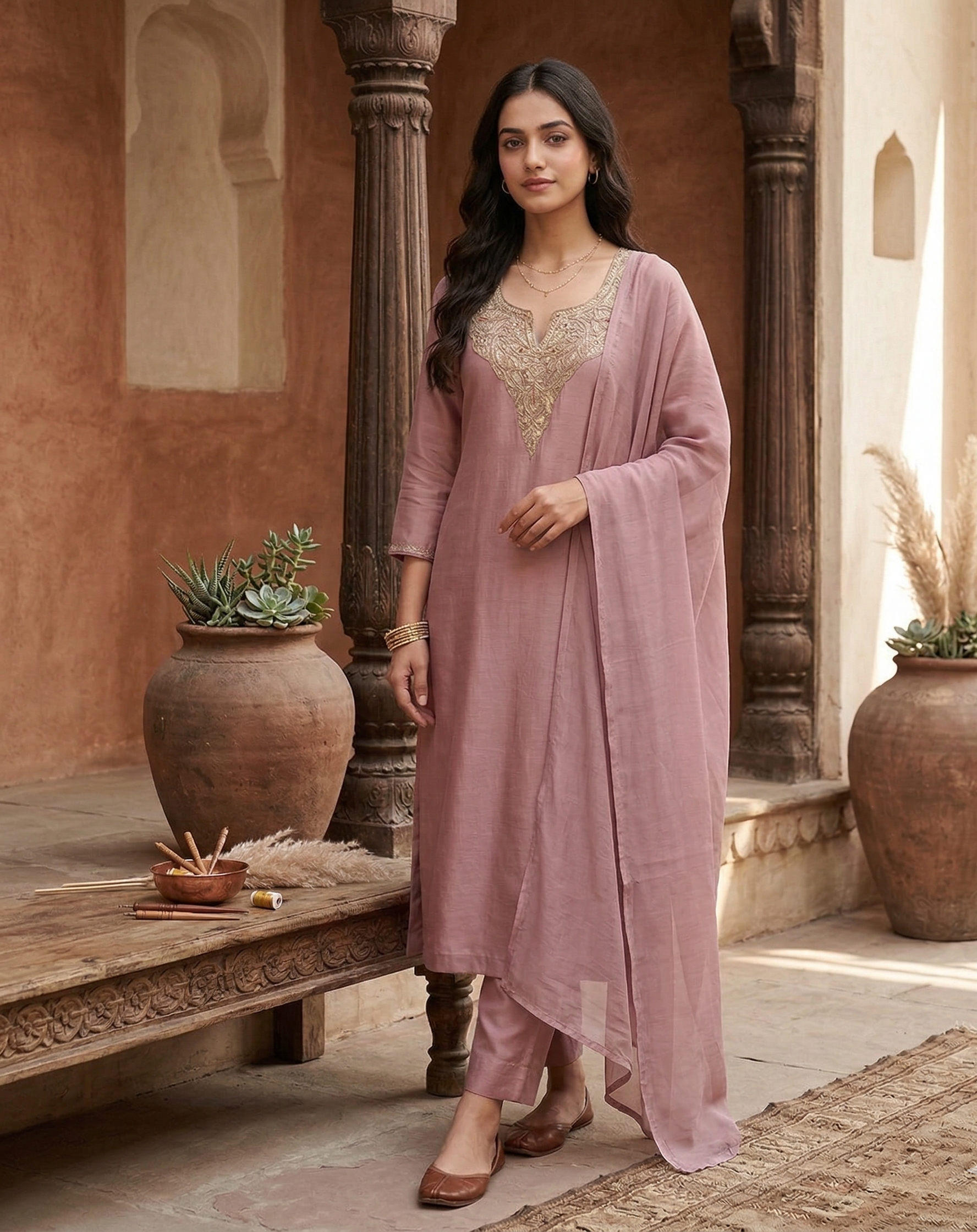 Royal Kashmiri Tilla Embroidered Roman Silk Suit