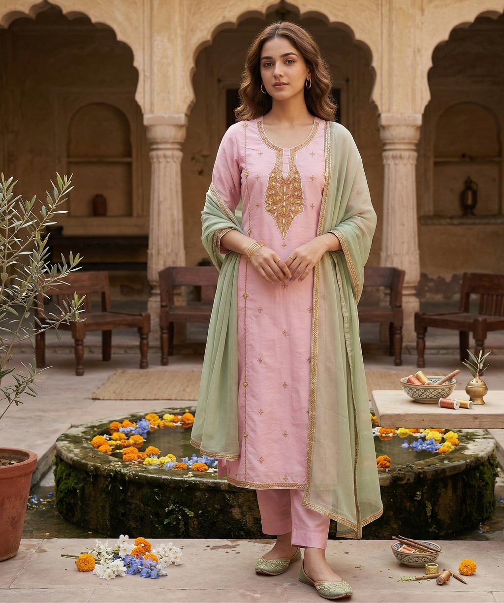 Royal Kashmiri Tilla Embroidered Roman Silk Suit