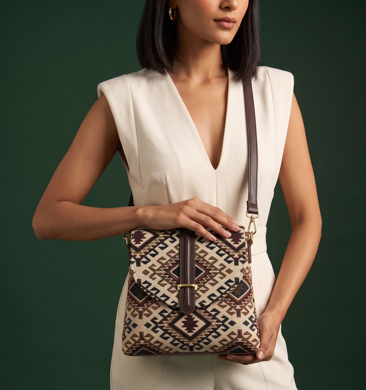 Tantira Geometric Jacquard Flap Sling Bag