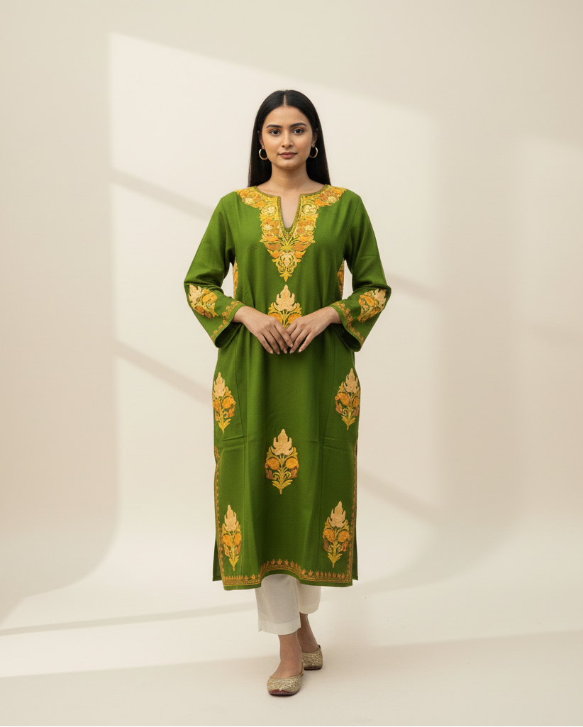 Zaitoon Kashmiri Mustard Aari Embroidered Olive Pheran