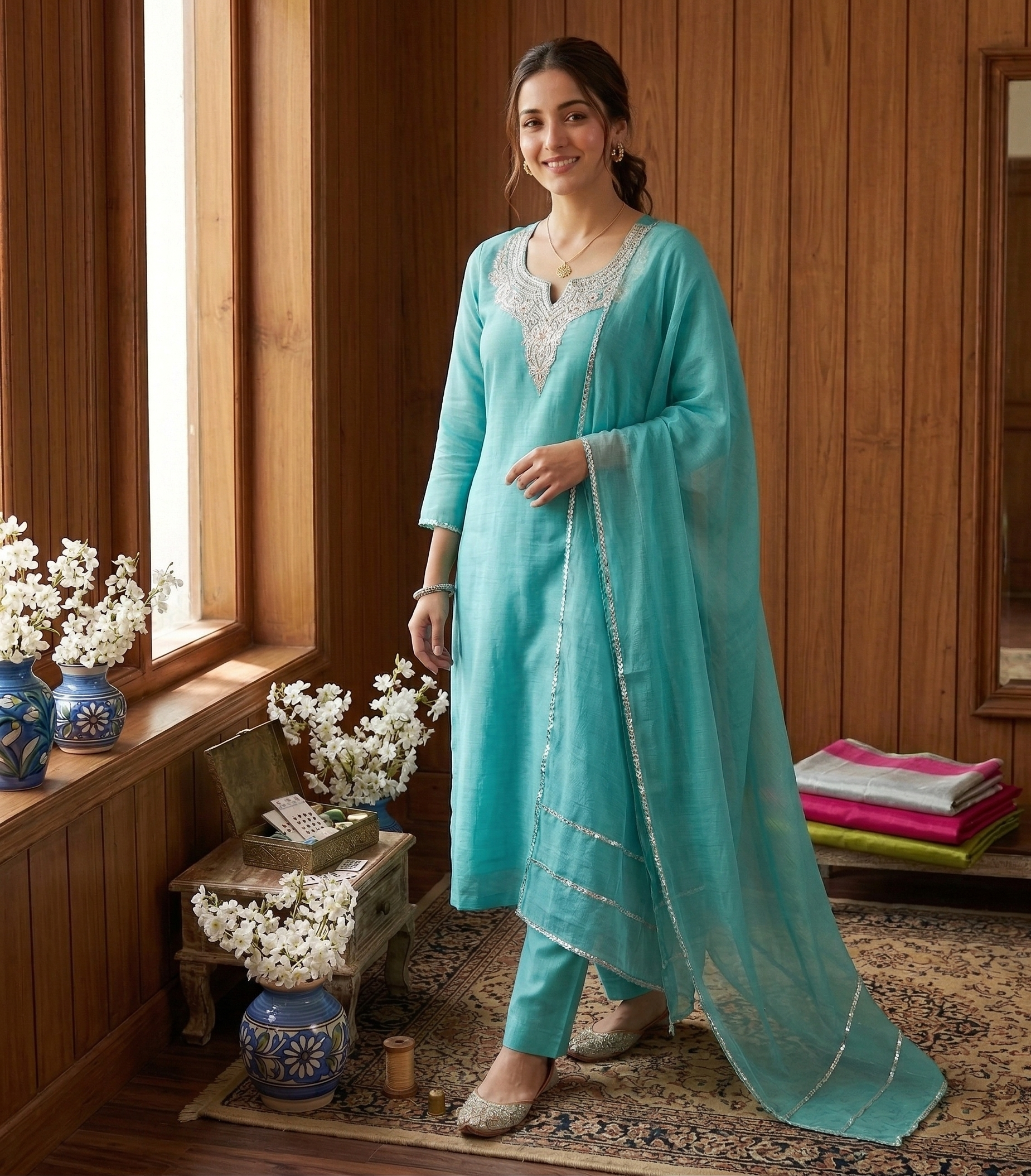 Royal Kashmiri Tilla Embroidered Roman Silk Suit