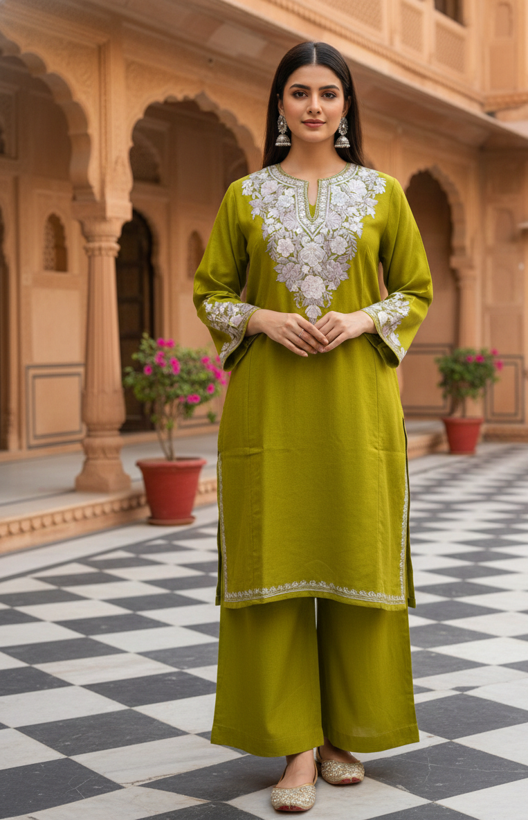 Zaitooné Aari – Woollen Pheran with Kashmiri Aari Embroidery