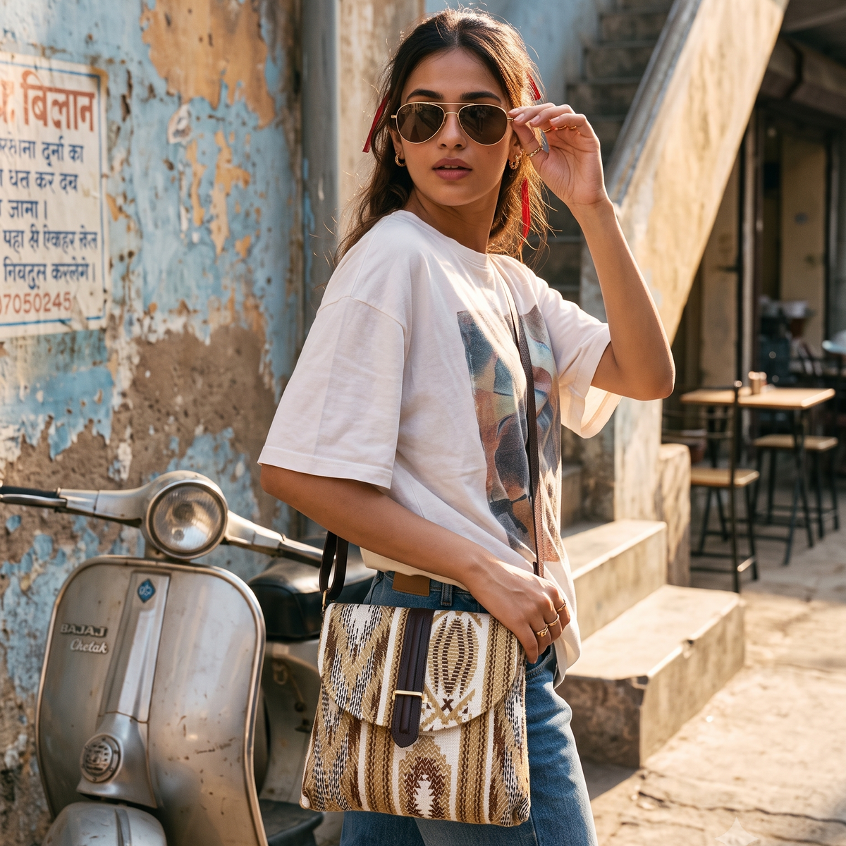 Tessara Geometric Jacquard Flap Sling Bag