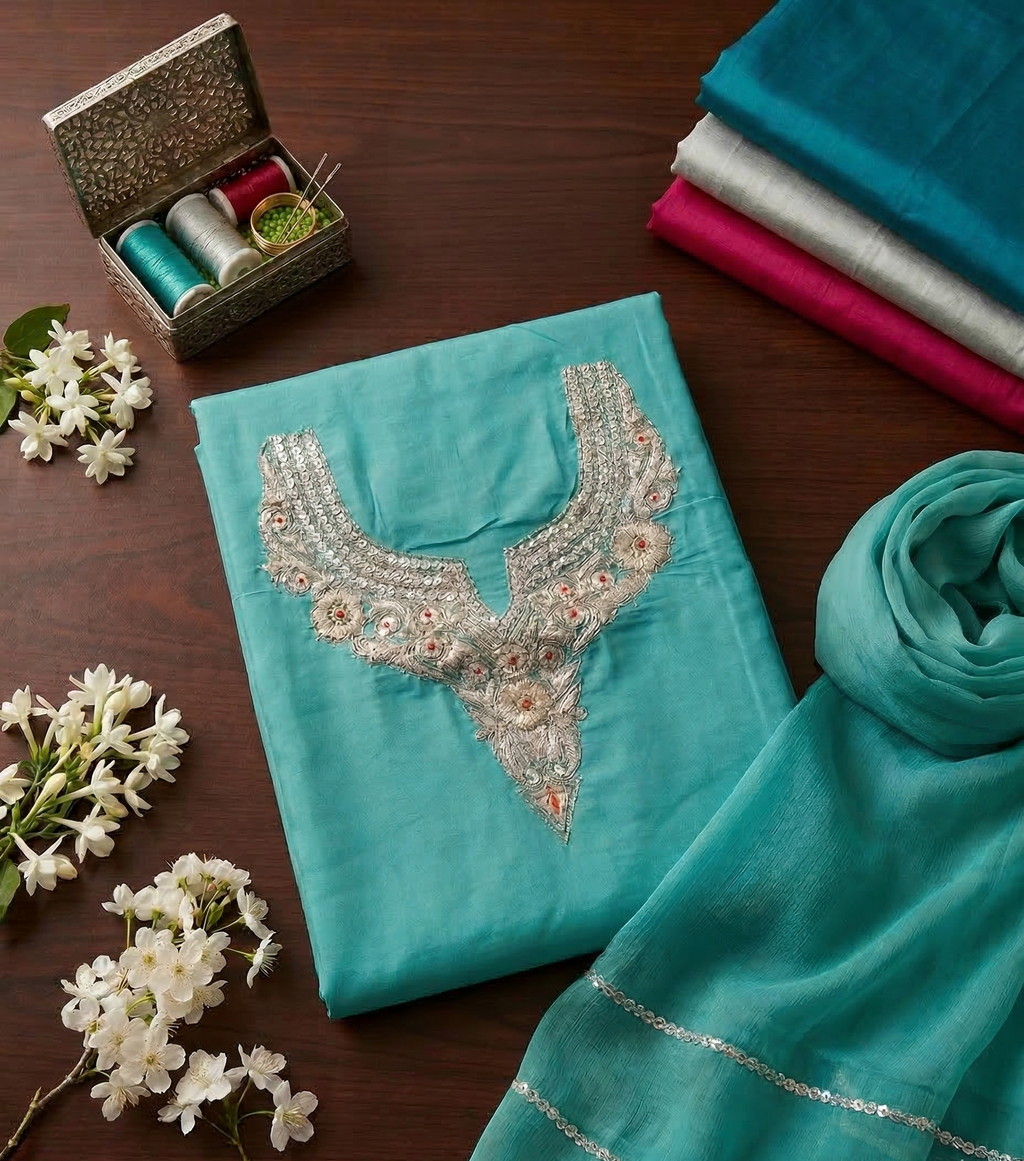 Royal Kashmiri Tilla Embroidered Roman Silk Suit