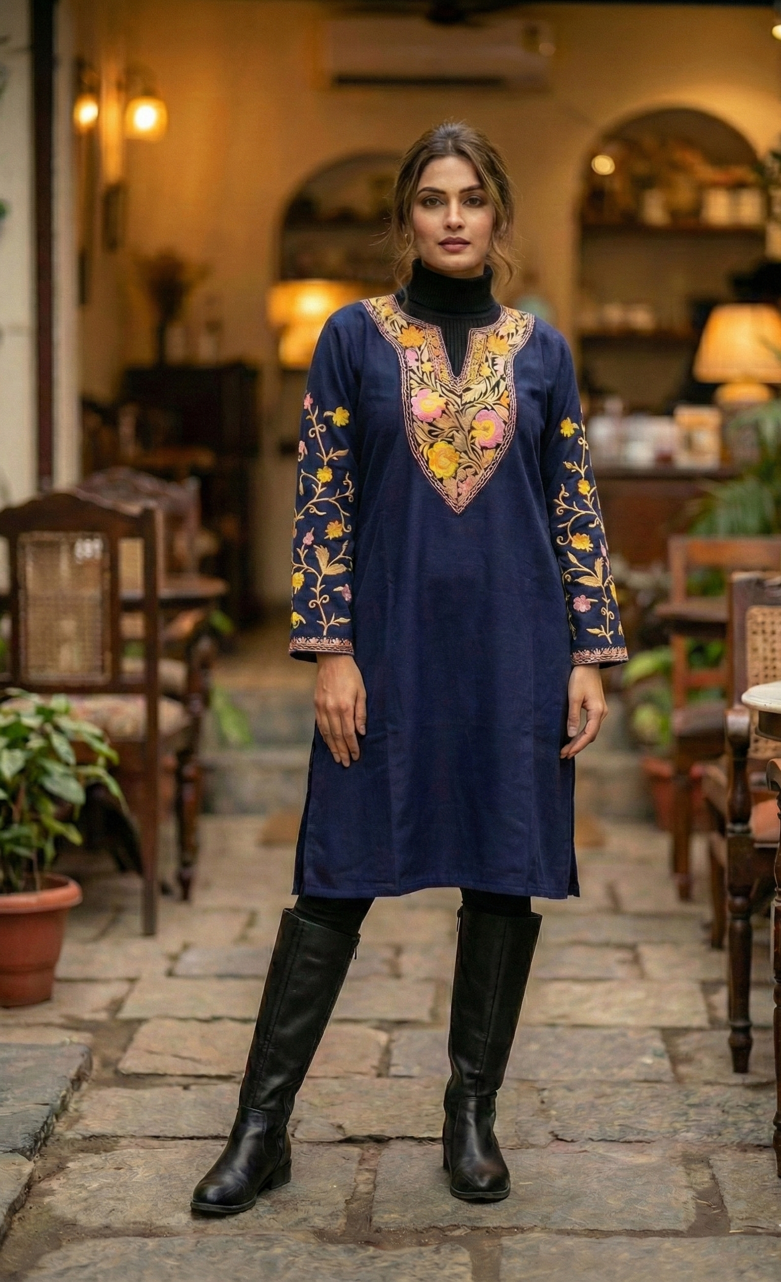 Neelam-e-Badshah Deep Blue Kashmiri Aari Embroidered Pheran