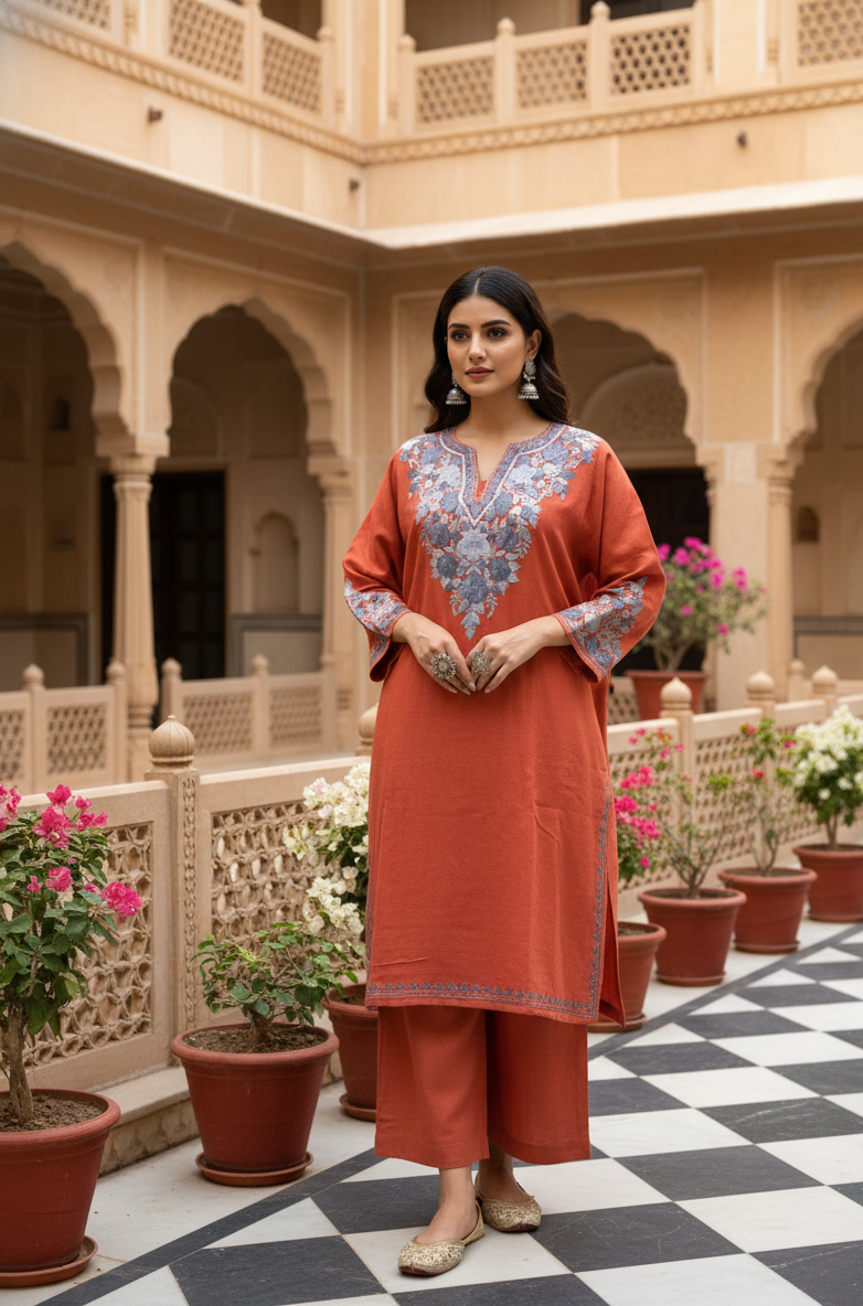 Surmayé Aari – Woollen Pheran with Kashmiri Aari Embroidery
