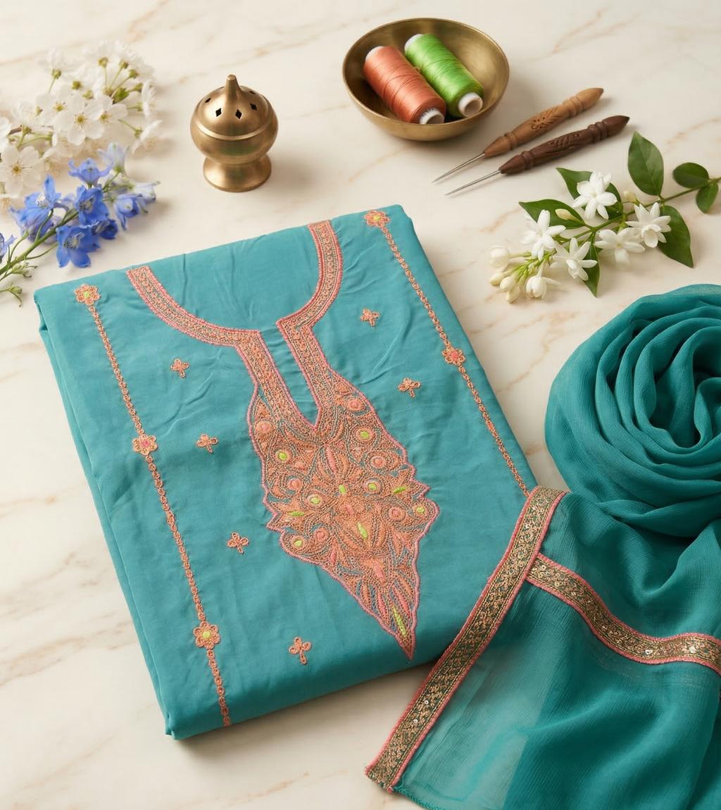 Royal Kashmiri Tilla Embroidered Roman Silk Suit