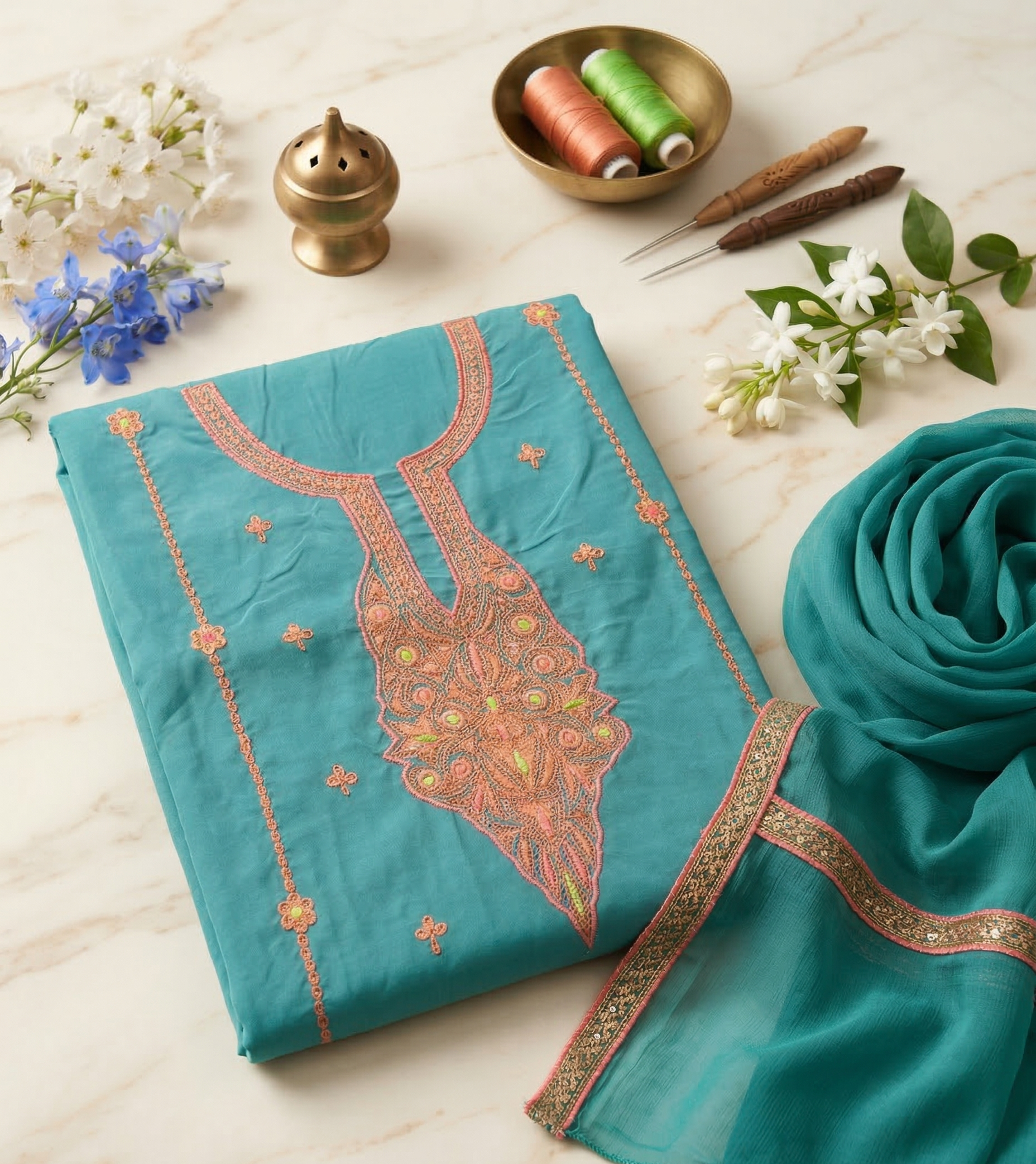 Royal Kashmiri Tilla Embroidered Roman Silk Suit