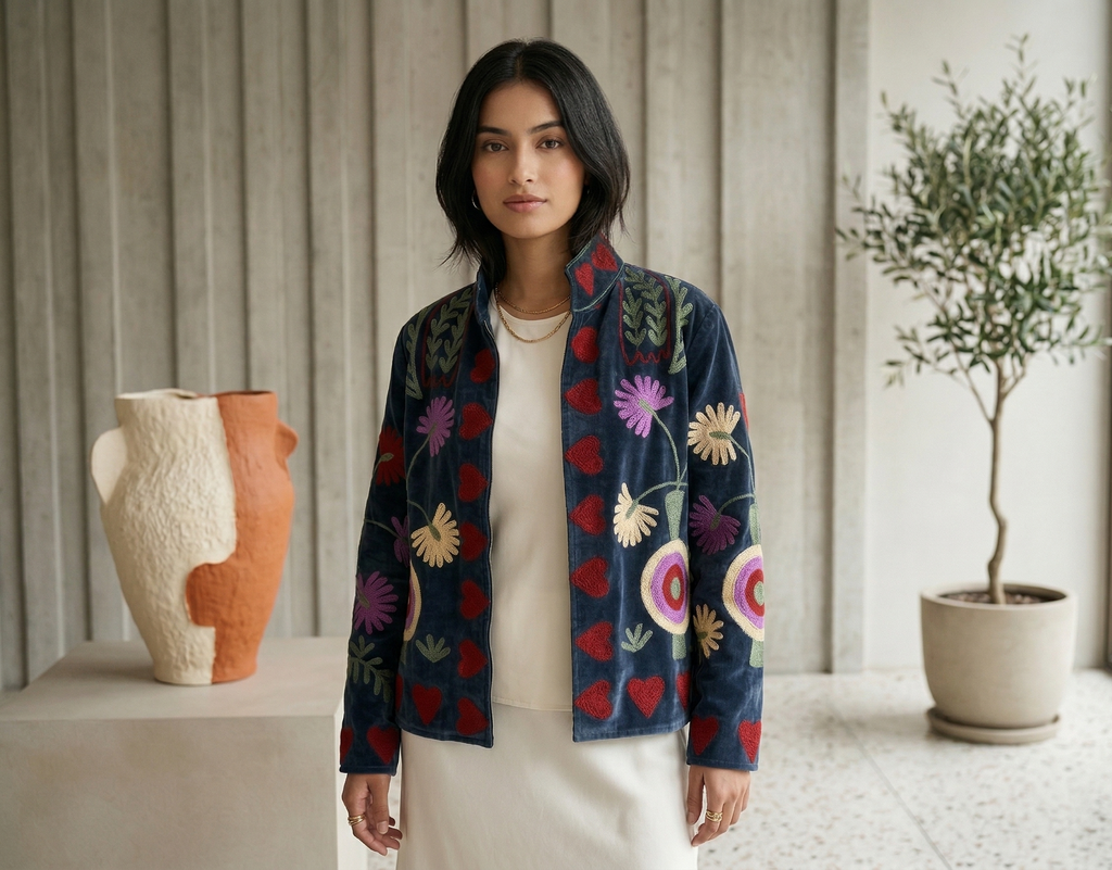 Rosa Notte Suzani Hand-Embroidered Jacket