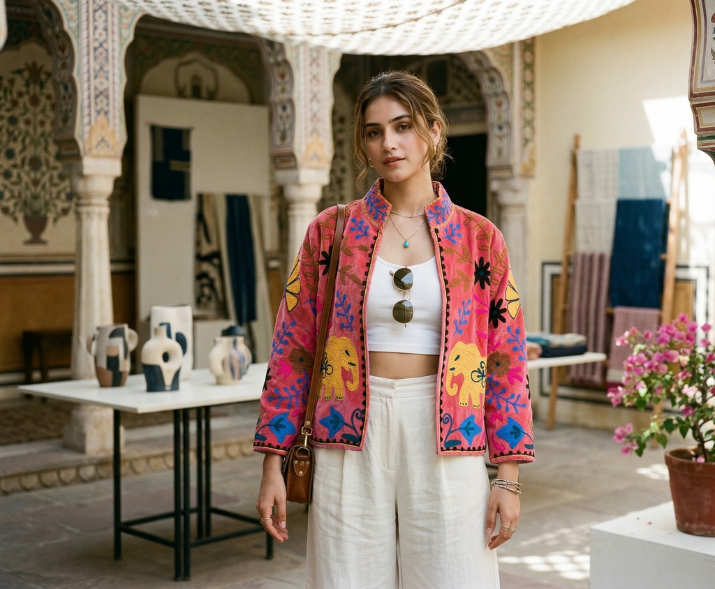 Gulaabi Elefante Suzani Hand-Embroidered Jacket