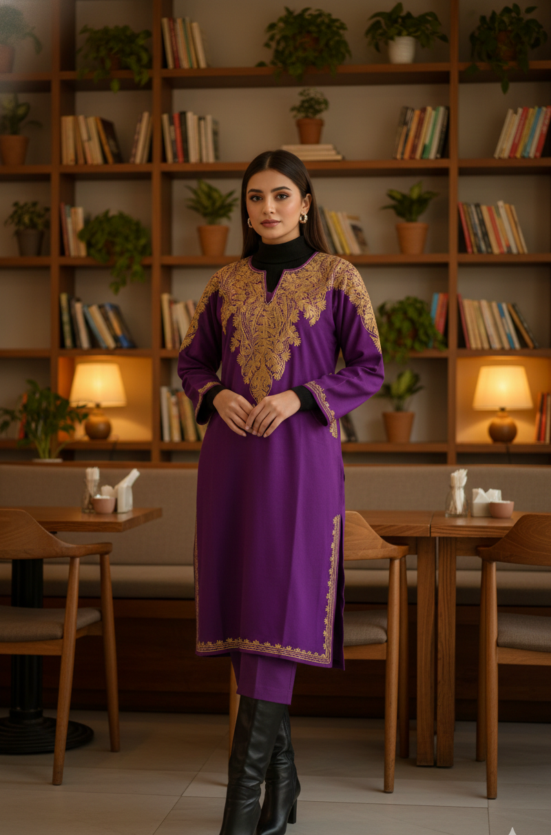 Zar-e-Banafsha Kashmiri Aari Embroidered Woollen Pheran