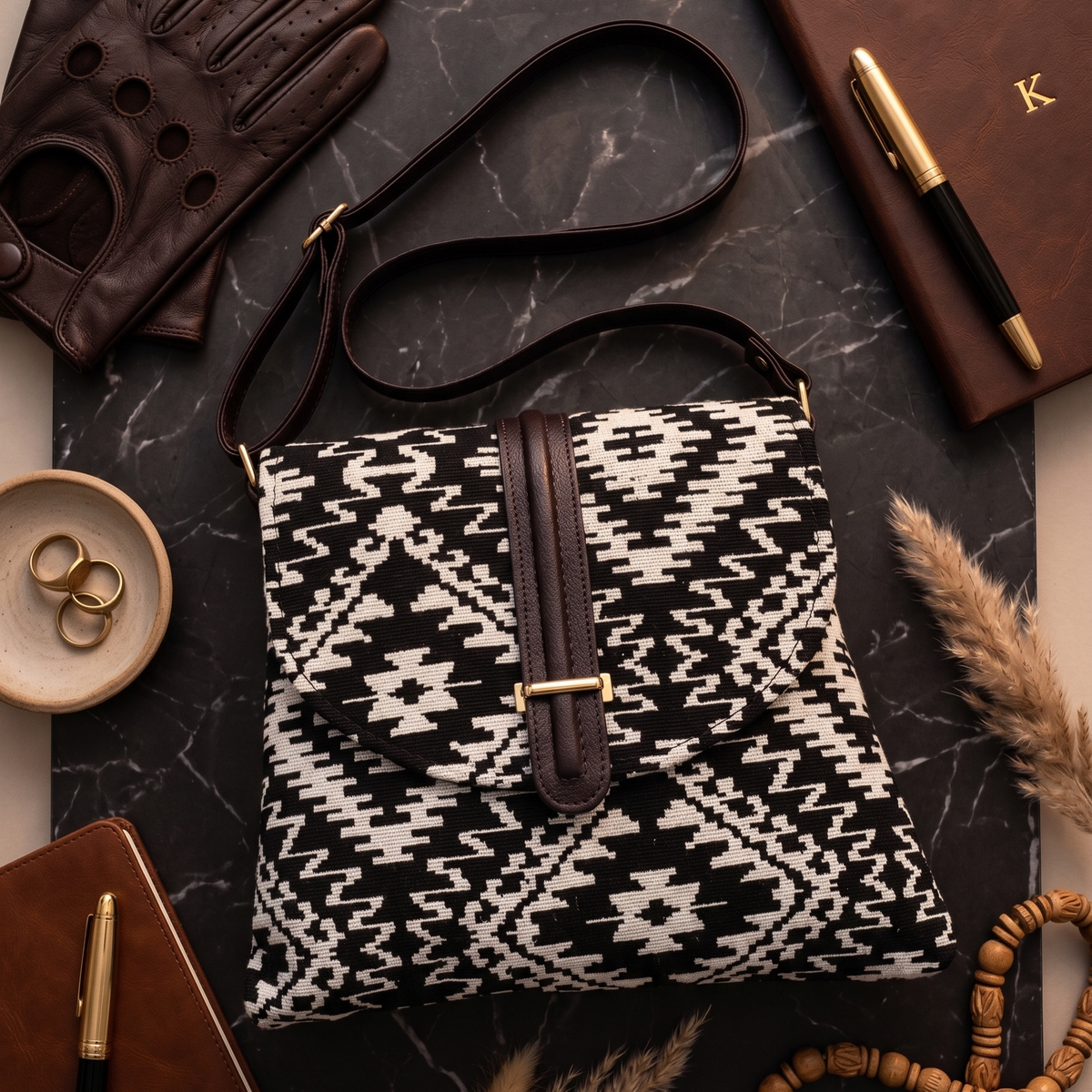 Bunkaar Monochrome Jacquard Sling Bag
