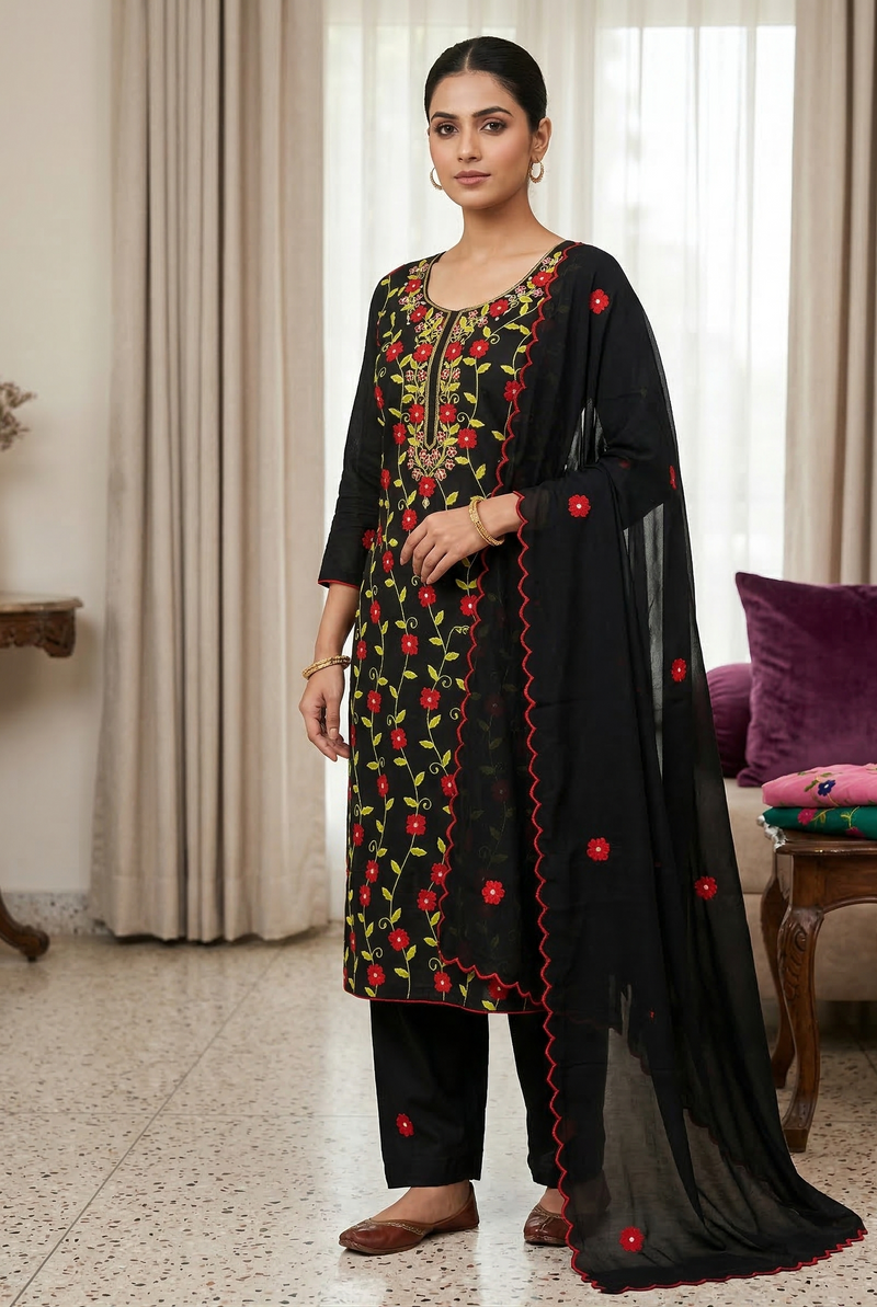 Aatish-E-Siyāh Pure Phulkari Hand Embroided Couture Suit