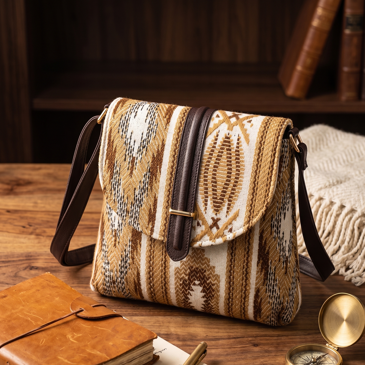 Tessara Geometric Jacquard Flap Sling Bag