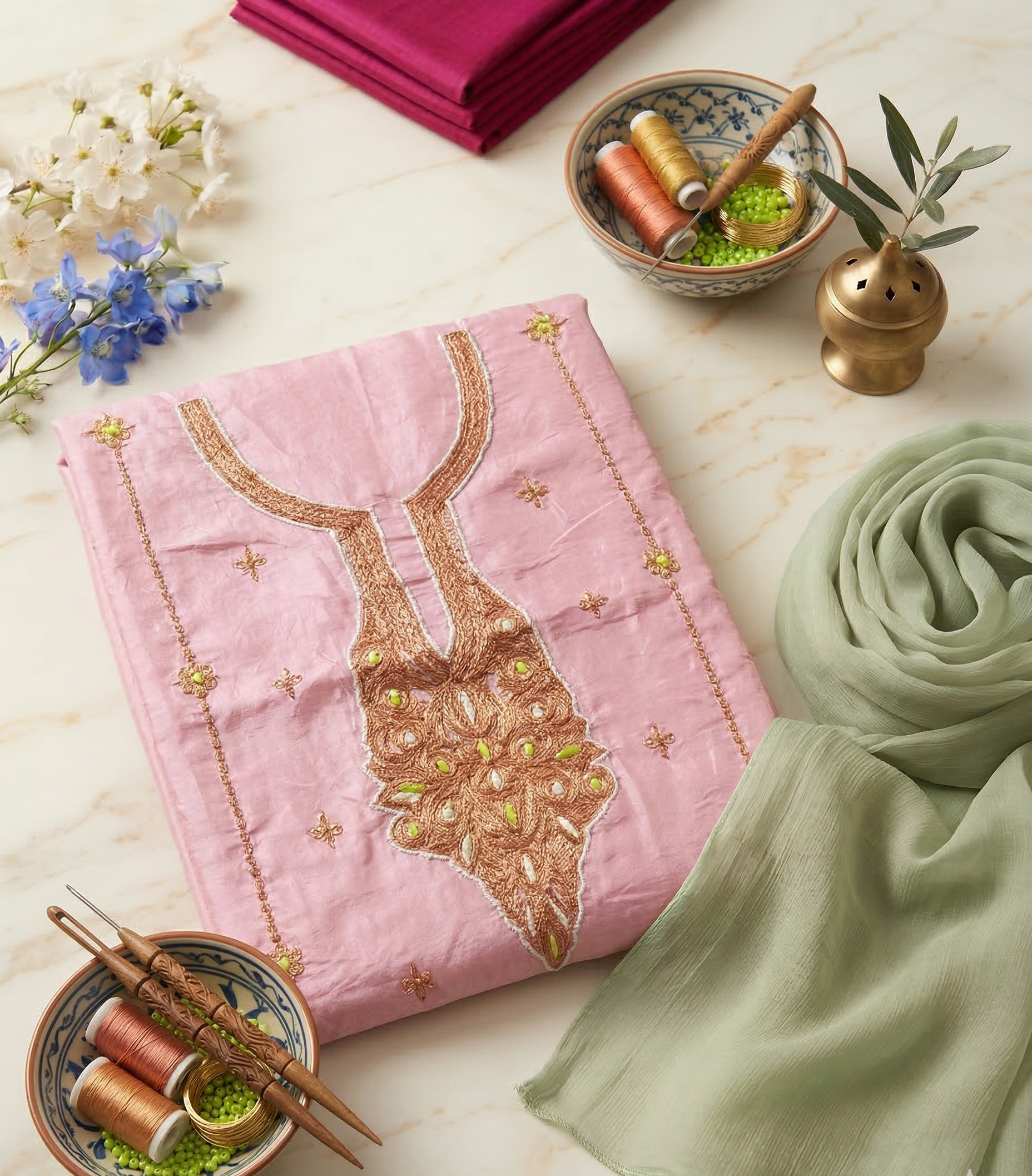 Royal Kashmiri Tilla Embroidered Roman Silk Suit