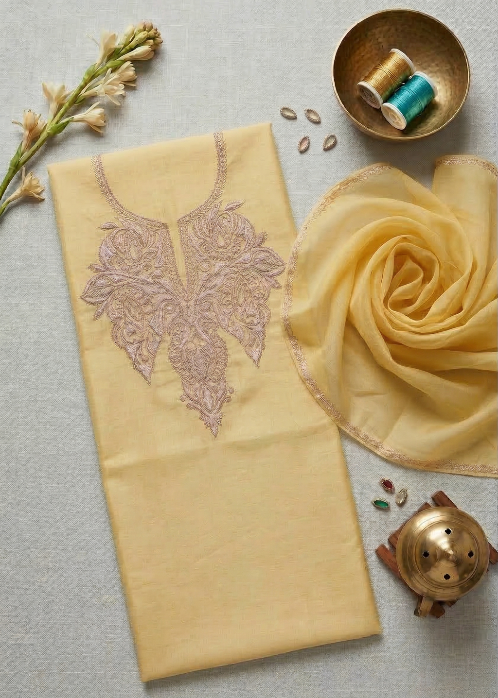 Royal Kashmiri Tilla Embroidered Roman Silk Suit