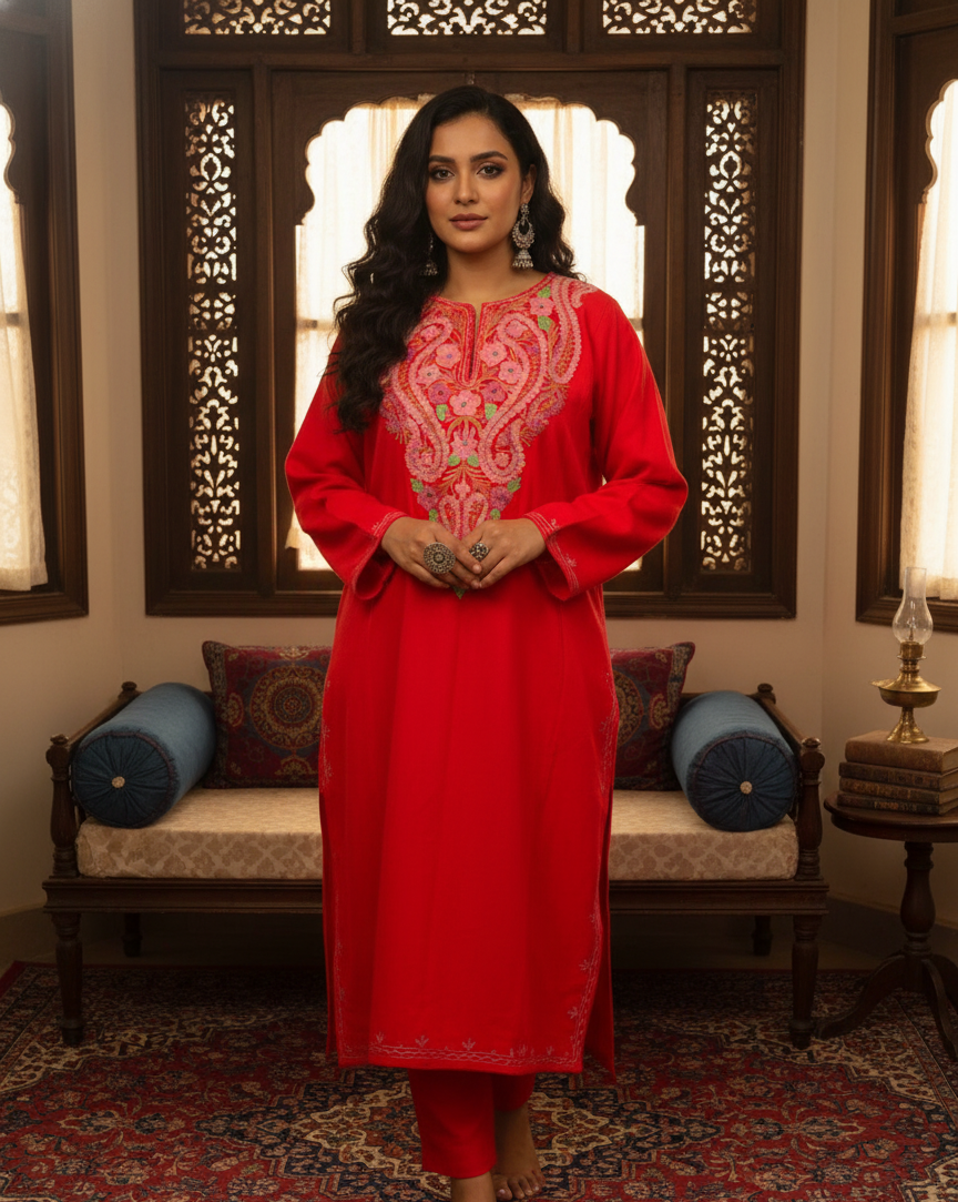 Gulzar Kashmiri Sozni Embroidered Red Pheran