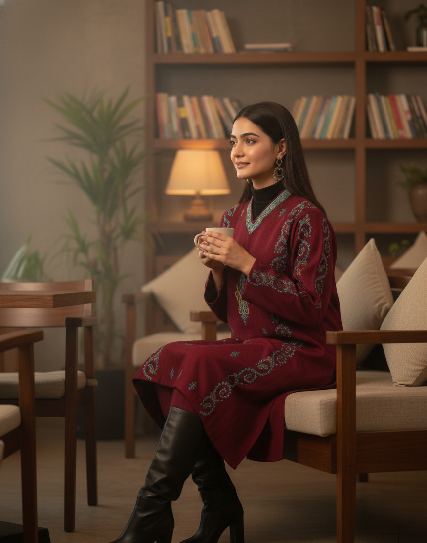 Sufiya Kashmiri Aari Embroidered Maroon Pheran