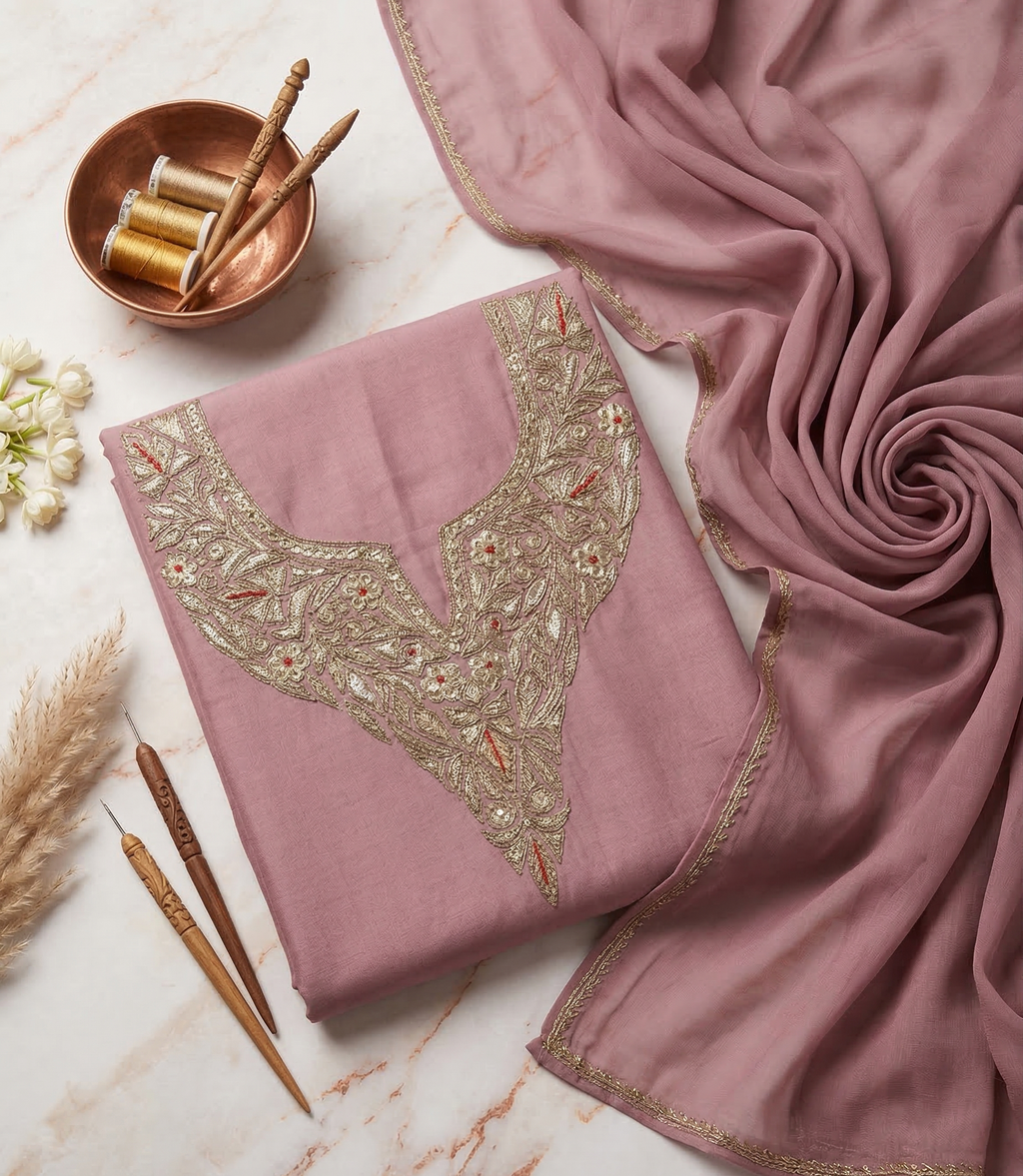 Royal Kashmiri Tilla Embroidered Roman Silk Suit