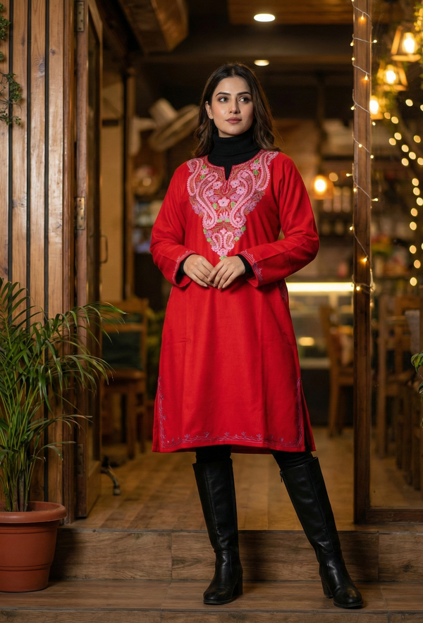 Gulzar Kashmiri Sozni Embroidered Red Pheran