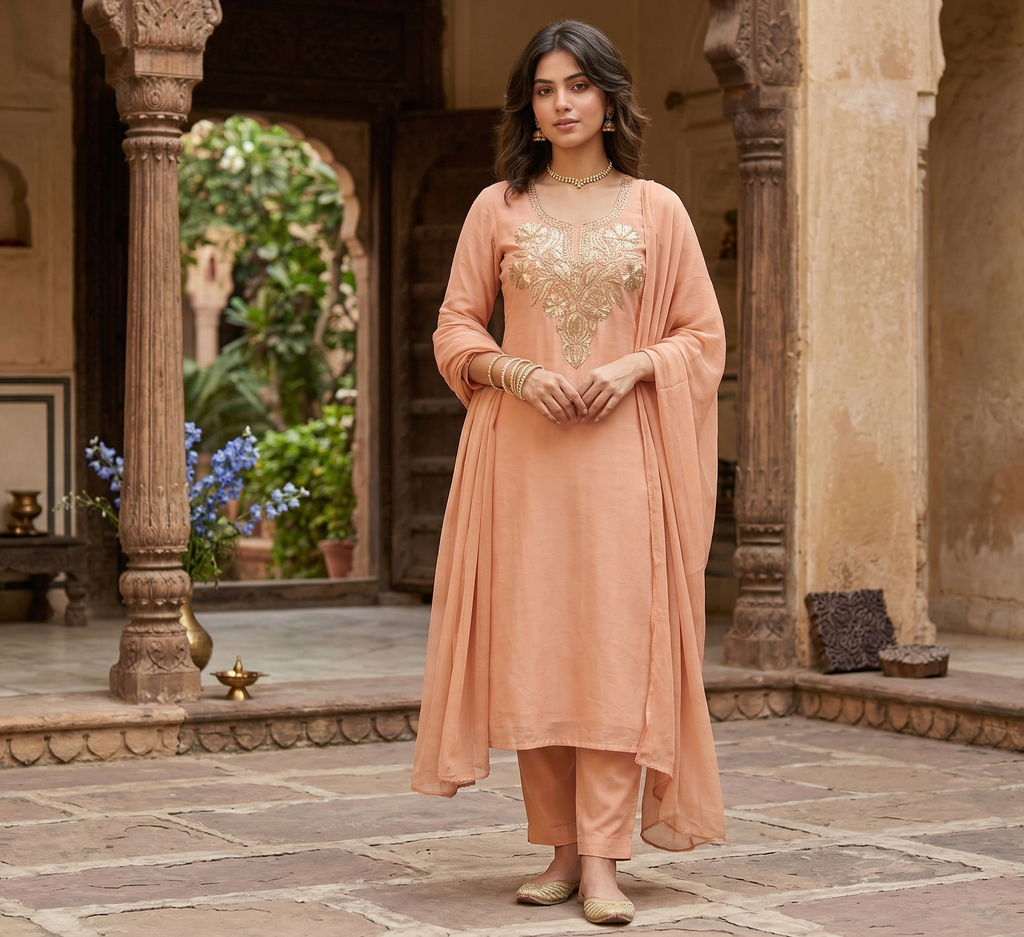 Royal Kashmiri Tilla Embroidered Roman Silk Suit