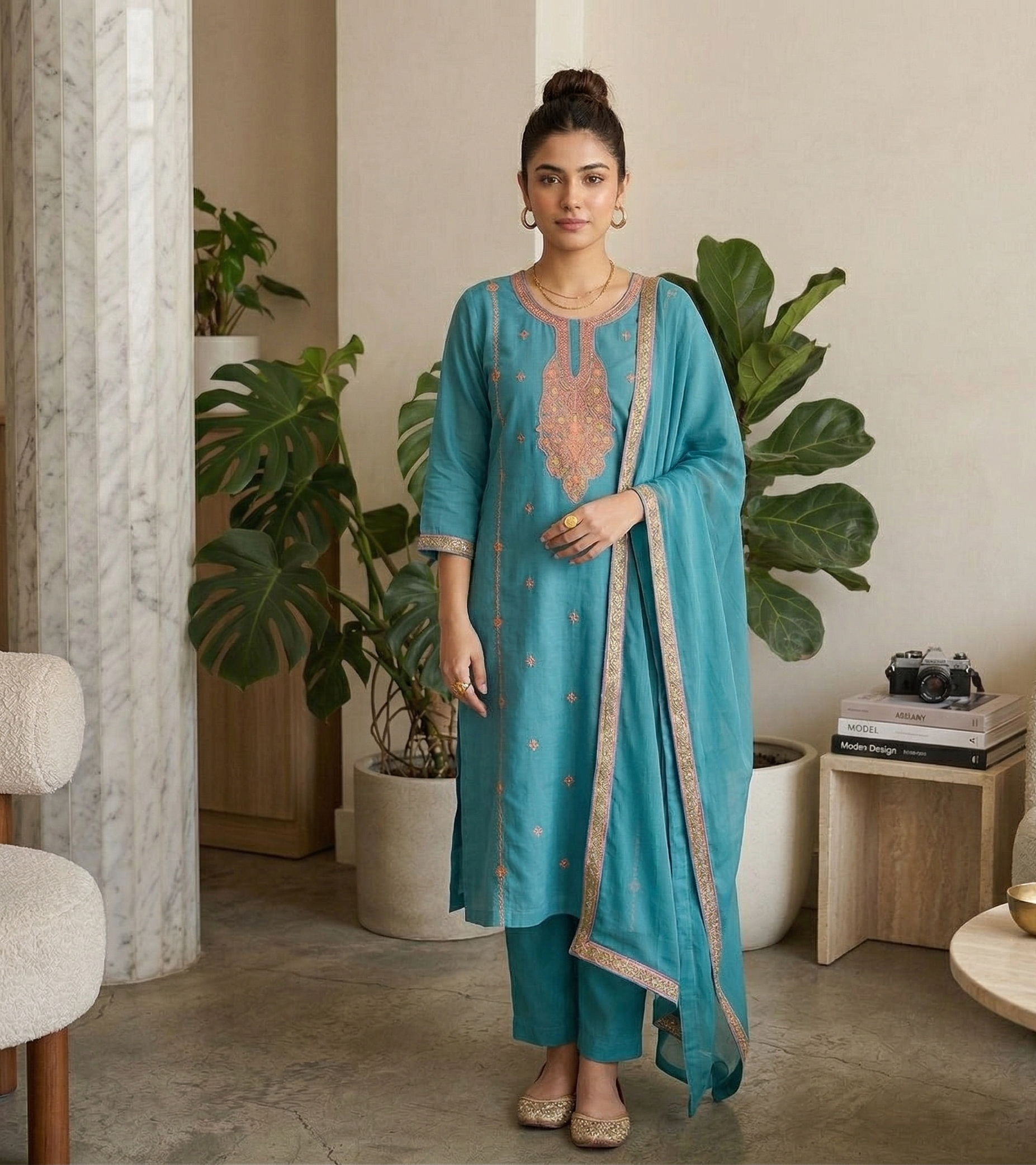 Royal Kashmiri Tilla Embroidered Roman Silk Suit