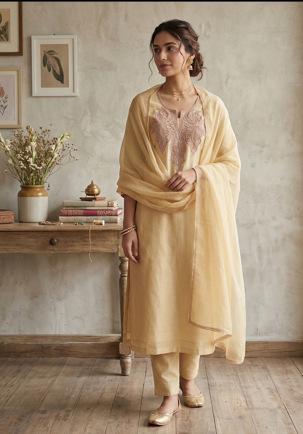 Royal Kashmiri Tilla Embroidered Roman Silk Suit