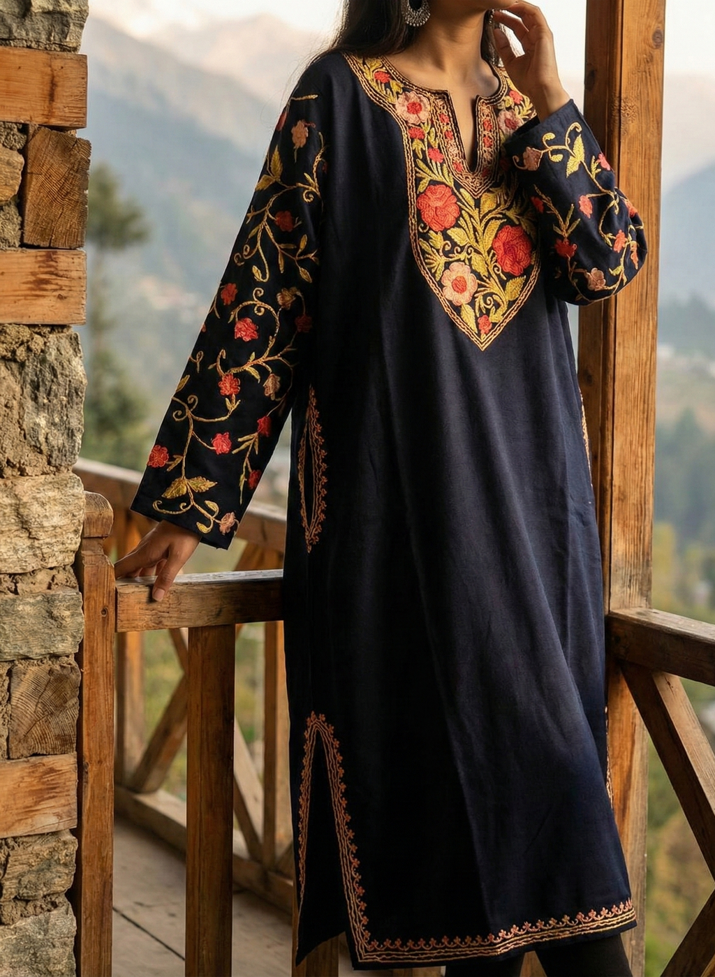 Neelam-e-Badshah Deep Blue Kashmiri Aari Embroidered Pheran