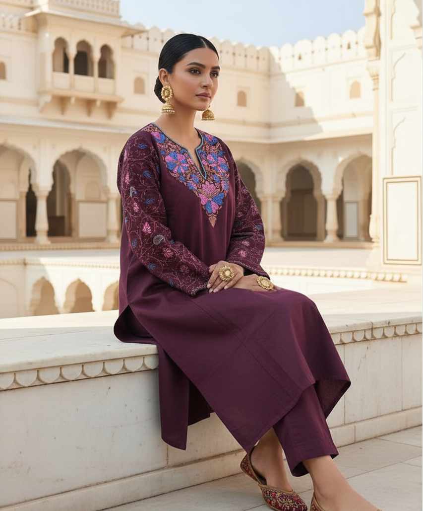 Rangbaaz Ferozi – Italian Woollen Pheran with Intricate Sozni Needlework Embroidery