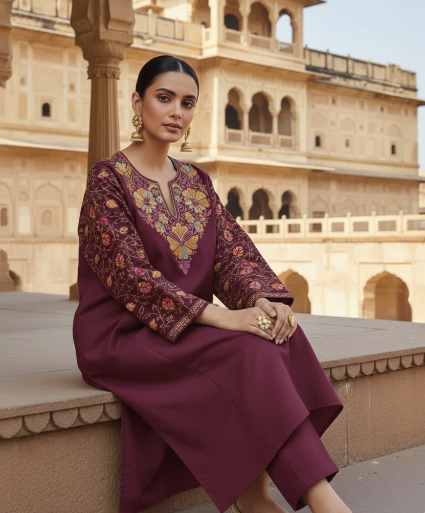 Mehrooné Italiya – Italian Woollen Pheran with Intricate Sozni Needlework Embroidery