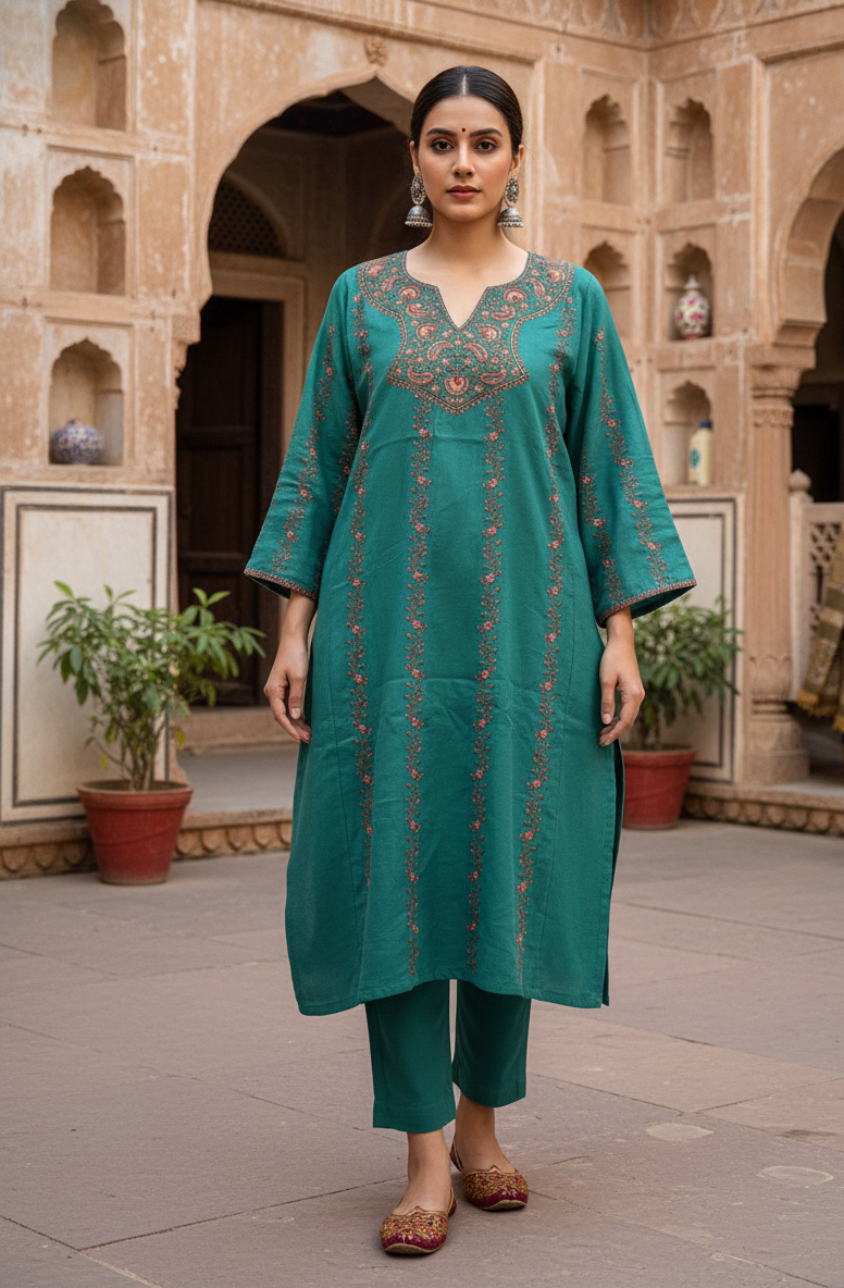 Naazreen Aqua - Cashmilon Wool Sozni Embroidered Pheran